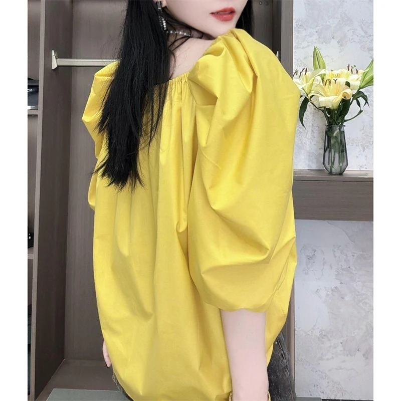 Summer New Round Neck Solid Color Loose Casual Shirt Female Puff Short Sleeve Sexy Fashion One Word Collar All-match Blouse Top