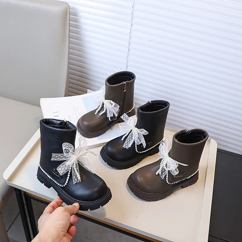 

Girls Sweet Princess Ankle Boots Autumn New Children Fashion Leather Boot Elegant Lace Bowknot Kids Causal Platform Boots Zipper