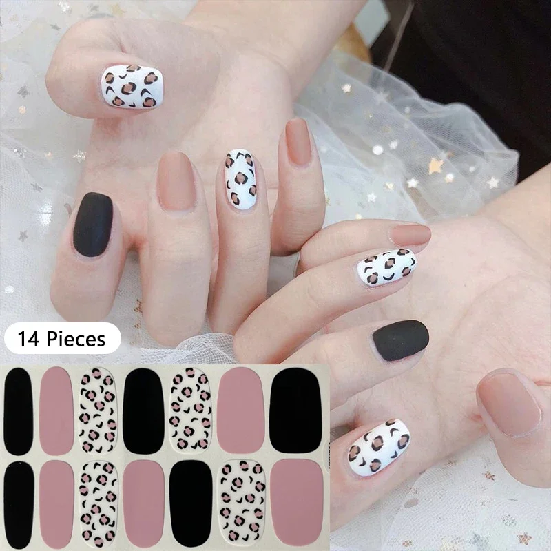 New 14 Strips Autumn Gel Nail Stickers Full Cover Nail Patch Leopard Print Nail Stickers Nail Polish Strips DIY Nail Art Making