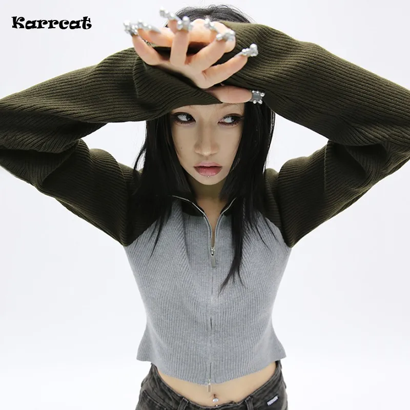 

Karrcat Grunge Patchwork Turtleneck Cardigan Vintage Knitted Short Coat Gothic Harajuku Ribbed Knitwear Trashy Y2k Streetwear