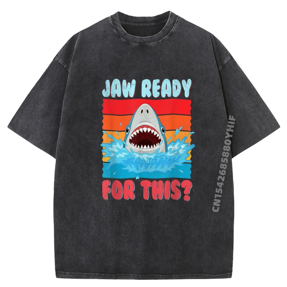 

Jaw Ready For This Funny Shark Pun Sea Animal Lover Grey Shirt Graphic Tee Cotton Comfort Brand Washed Clothing