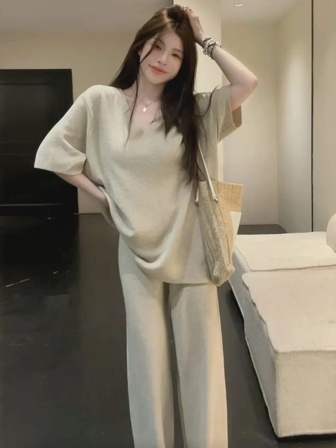 Anti-Aging Korean Style Casual Wide Leg Pants Set Women's Fashion Summer Outfit Two-Piece Suit Comfortable Breathable Wear