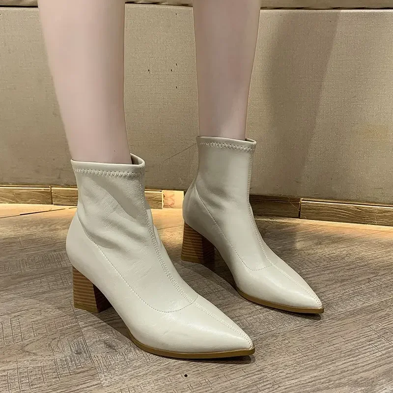 Botas curtas pontiagudas femininas, salto alto grosso, estilo sexy, nova moda, primavera, outono, inverno, 2022