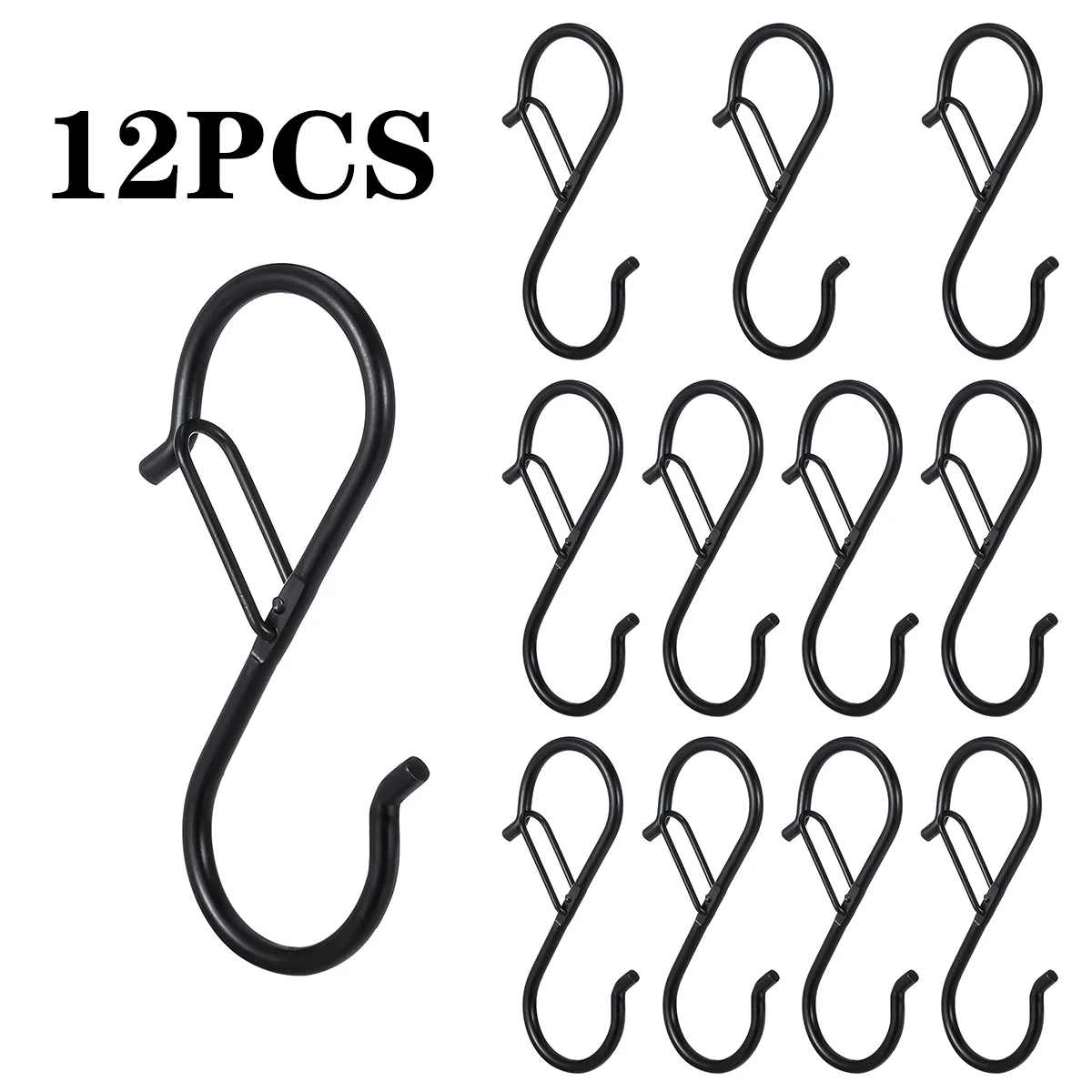 12Pcs S-Shape Hooks with Safety Buckle Heavy Duty Black Closet Hooks Kitchen Pot Rack Hooks Multi-function Metal S Hooks