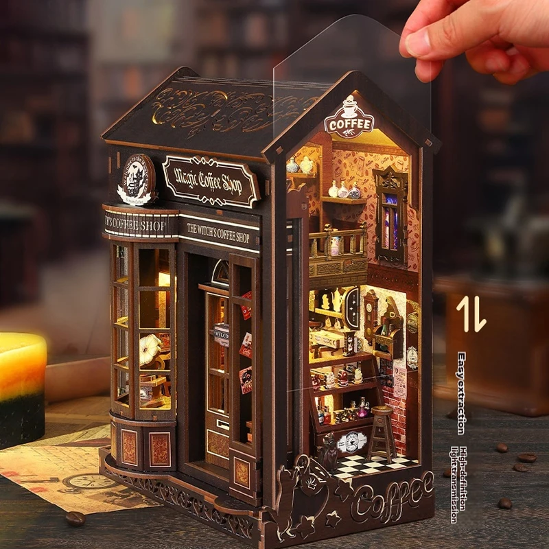 

Magic Coffee Shop Bookshelf Diy Book Nook Shelf Insert Kits Miniature Wooden Model Kit Handmade Bookend For Adults Birthday Gift