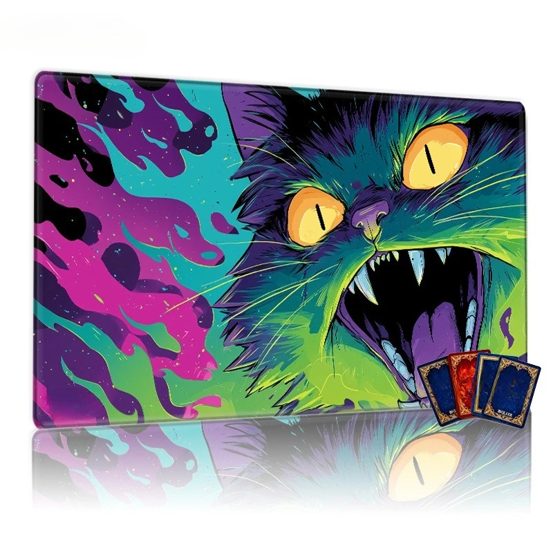 Angry Psychedelic Black Cat TCG Game Mat - Non-slip tabletop, suitable for CCG card games, compatible with TCG collectible ames