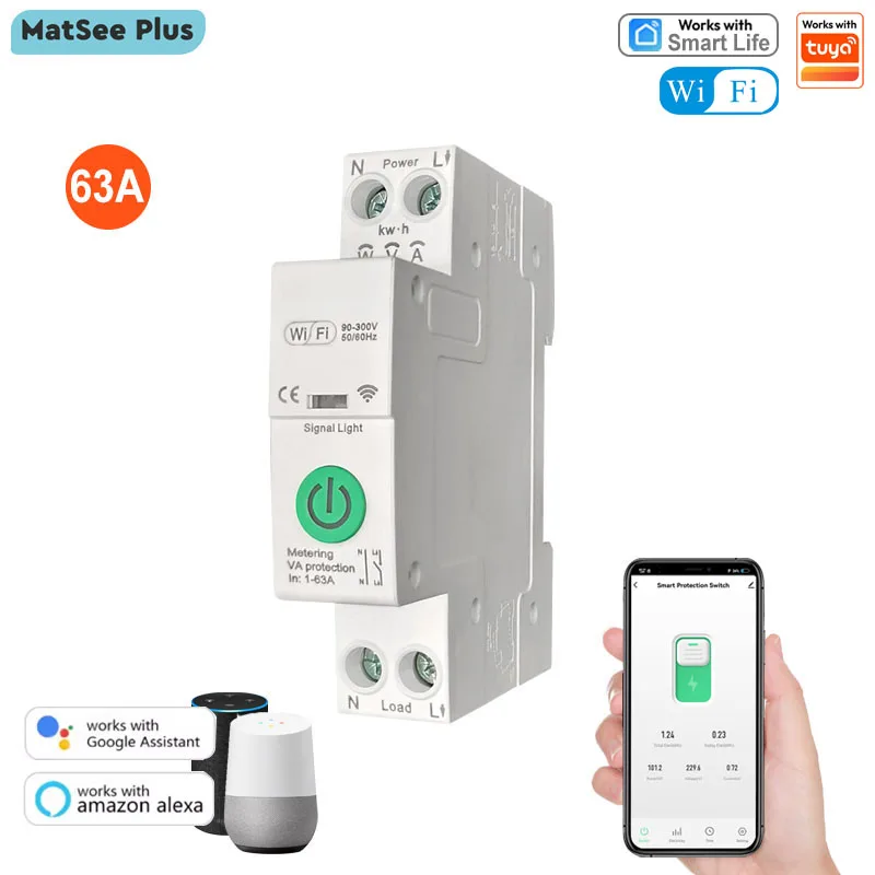 

Умный Wi-Fi выключатель Smart Life 63A с таймером, защитой от перегрузки, мониторингом энергопотребления через приложение, дистанционным управлением, поддержкой Google Home и Alexa