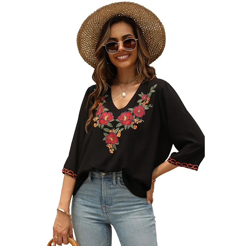 Eaeovni Women\'s Boho Embroidered Tops 3/4 Sleeve Mexican Peasant Shirts Bohemian Loose Tunic Blouses