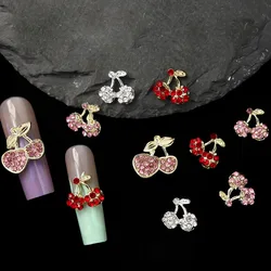 Dijes de uñas de cereza de aleación 3D, piezas de lujo, gemas de cristal, diamantes de imitación, Piedra Rosa/roja/plateada, decoraciones de Arte de uñas, 10 piezas por lote