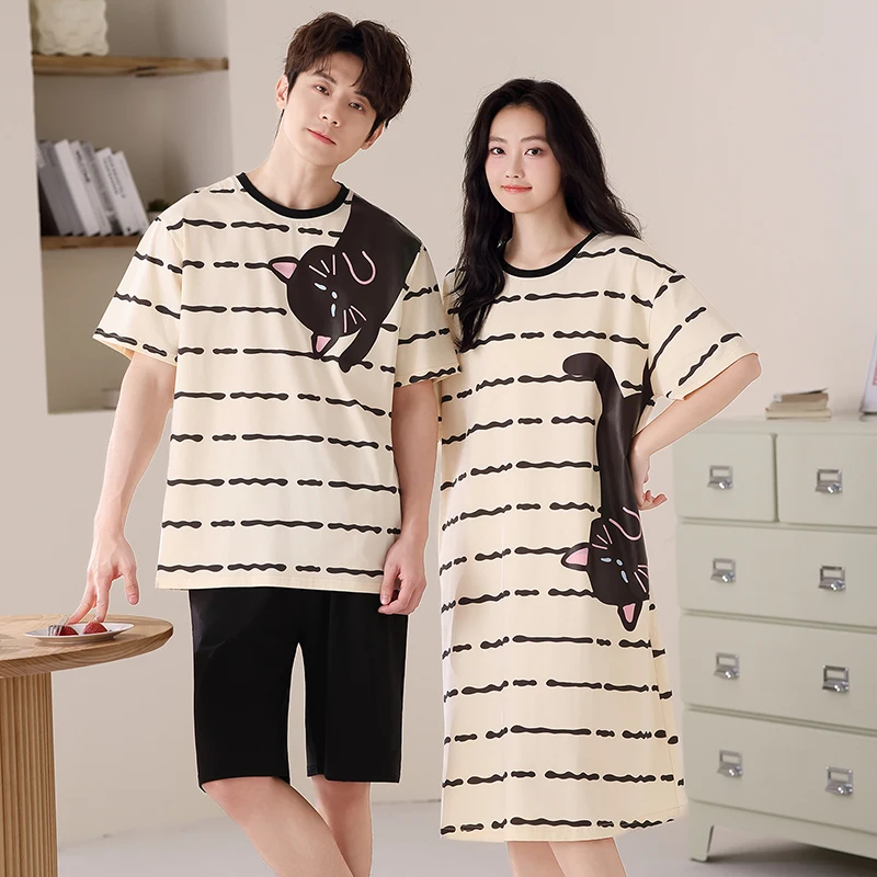 

Newest Couple Pajamas Set Summer Short Sleeve Sleepwear 100% Cotton Men Women Striped Pijamas Women Nightgown With Chest Pad