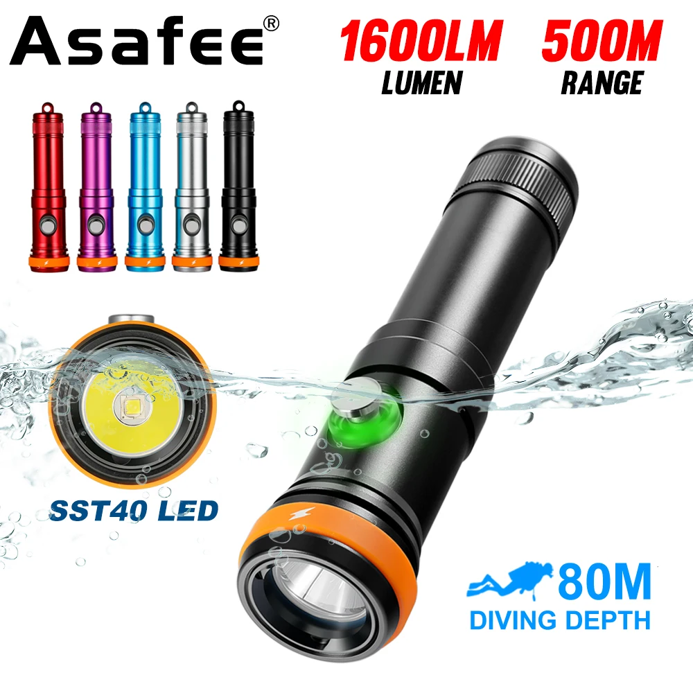 Asafee AF20 SST40 Diving Flashlight Professional 1600LM Powerful LED Scuba Lamp IPX8 Underwater 80m Dive Torch For Scuba Diving