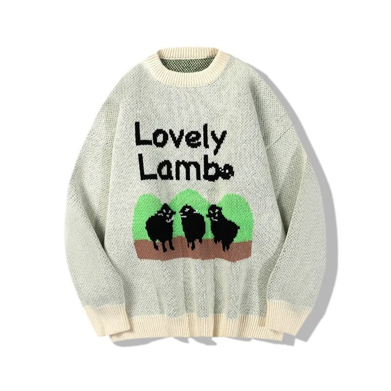 WAKUTA Sheep Sweaters 2024 Casual Vintage Loose Cartoon Letter O Neck Knit Pullovres Harajuku Fashion Fall Winter All Match Tops