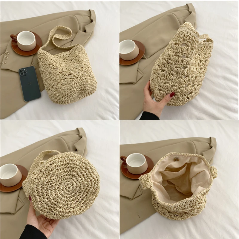2023 letnich kobiet słomiany koszyk na duże zakupy dla kobiet nowa torebka typu Bucket podróżują torby plażowe torebki na ramię z krótkimi torby z