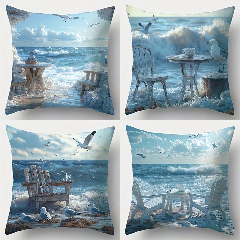 1PC 2D Flat Coastal Serenity Throw Pillow Covers Beach Ocean Scene Cushion Cases for Home Patio Decor