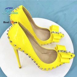 Fashion Rivet High Heels 8-12CM Stiletto Women Shallow Mouth Pointed Toe Party Shoes Designer Yellow Bow Lady Pumps Plus Size 45