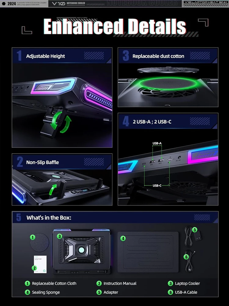 4.72인치 강력한 외부 터보 냉각 팬이 장착된 V10 V12 RGB 노트북 쿨러 스탠드는 13-17.3인치 노트북 게임용으로 빠르게 냉각됩니다.