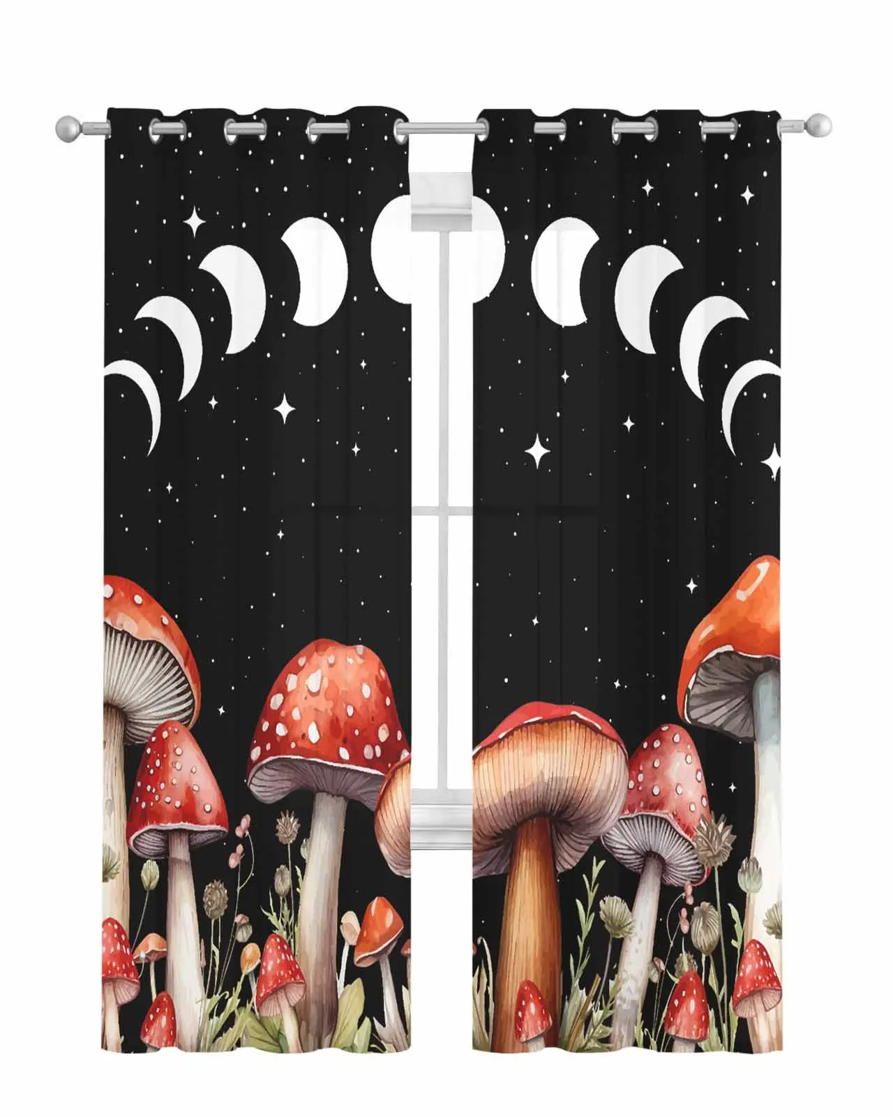 Mushroom Watercolor Starry Sky Moon Retro Style Tulle Curtains Living Room Sheer Window Treatments Voile Drapes with Grommets