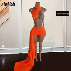 Orange Birthday Dresses For Women 2024 Rhinstone See Through Short Prom Gowns Fitted Party Dress Vestidos De Gala Customized