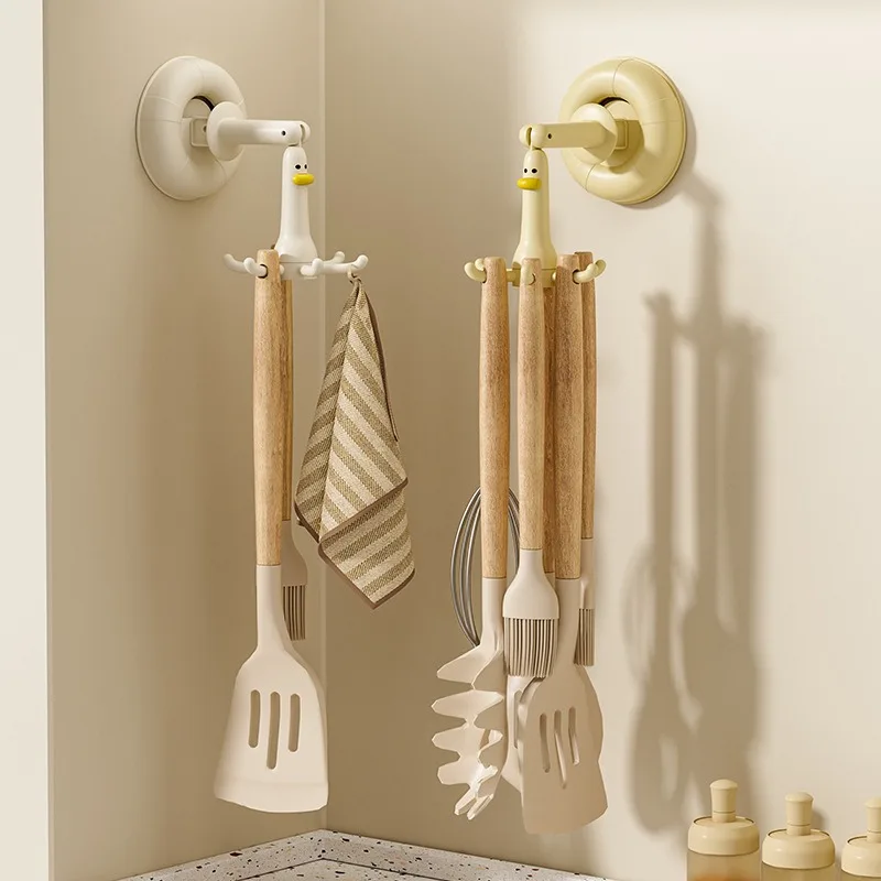 Kitchen Suction Cup Octopus Rotating Hook, No-Drill Pot Holder for Spatula and Spoon Storage Rack, Yellow/White