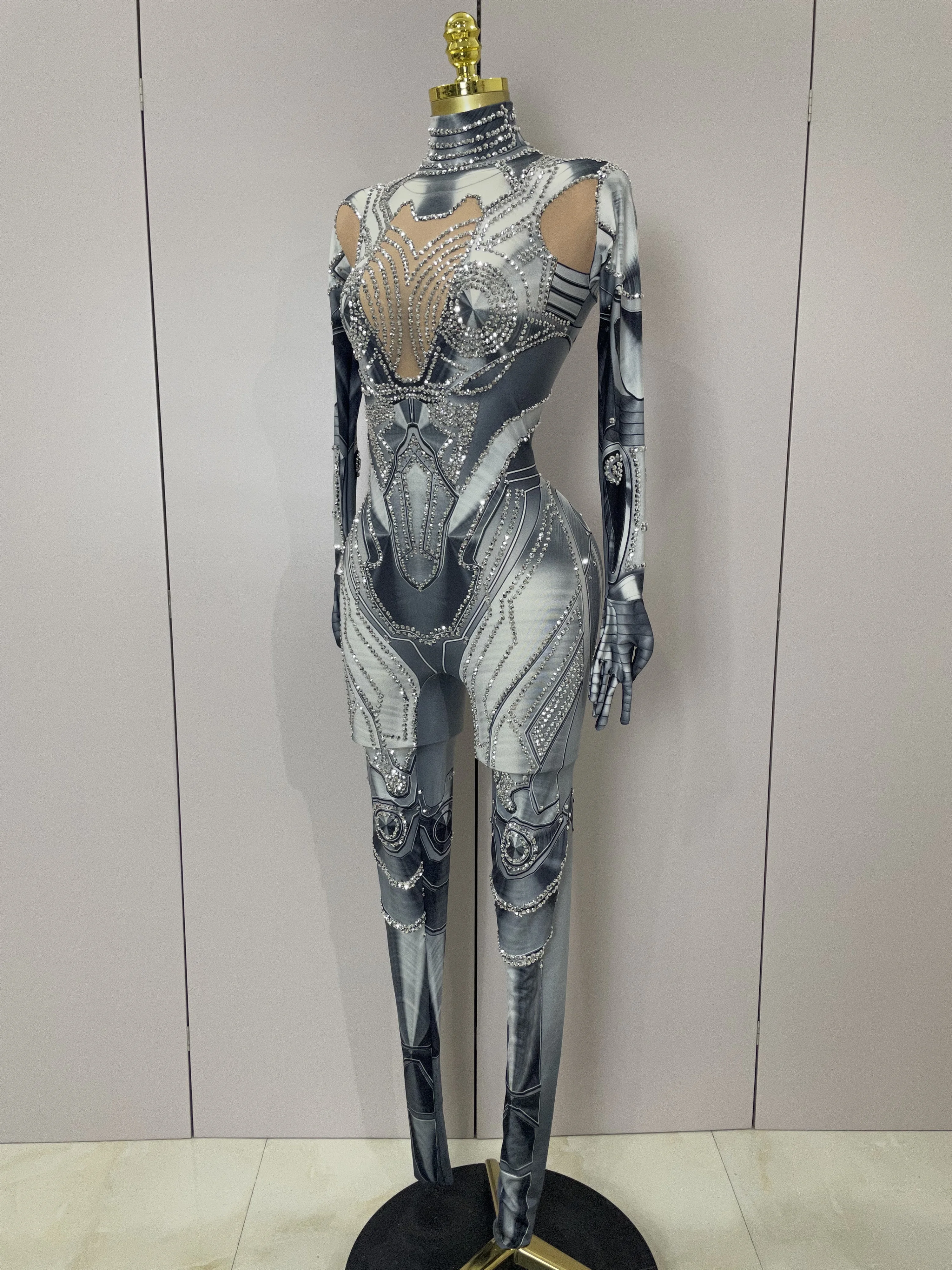 2025 New Trendy Women Sexy Rhinestones Printed Skinny Jumpsuit High Street Performance Dance Costume Bar Club Show Stage Wear