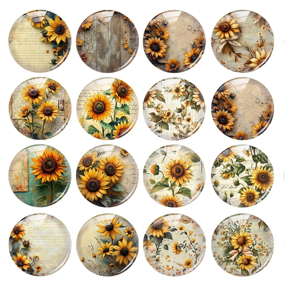 Random Mixed Round/Oval/Square Daisy Flower Plants Sunflower Photo Glass Cabochon Flatback Demo Cameo For Diy Jewelry Making