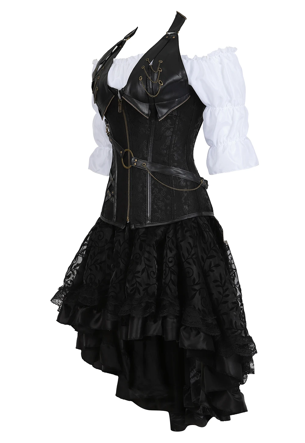 Women Pirate Costume Cosplay Steampunk Corset Dress Straps Black Corset Skirt Plus Size Medieval Blouse Top Off Shoulder White