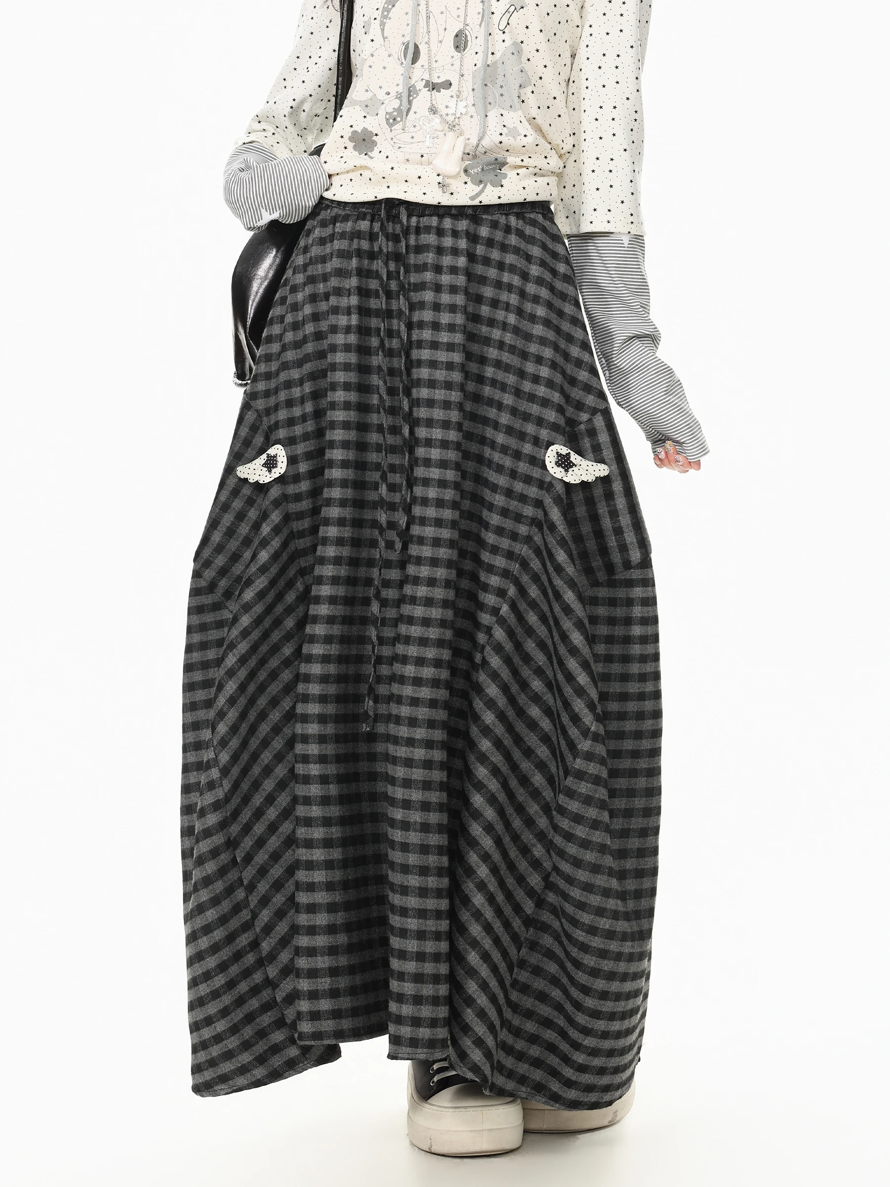 High Waist Wide Leg Casual Pants Women's Black Plaid Wings Loose Fit Autumn Skirt Pants Breathable Polyester Fiber