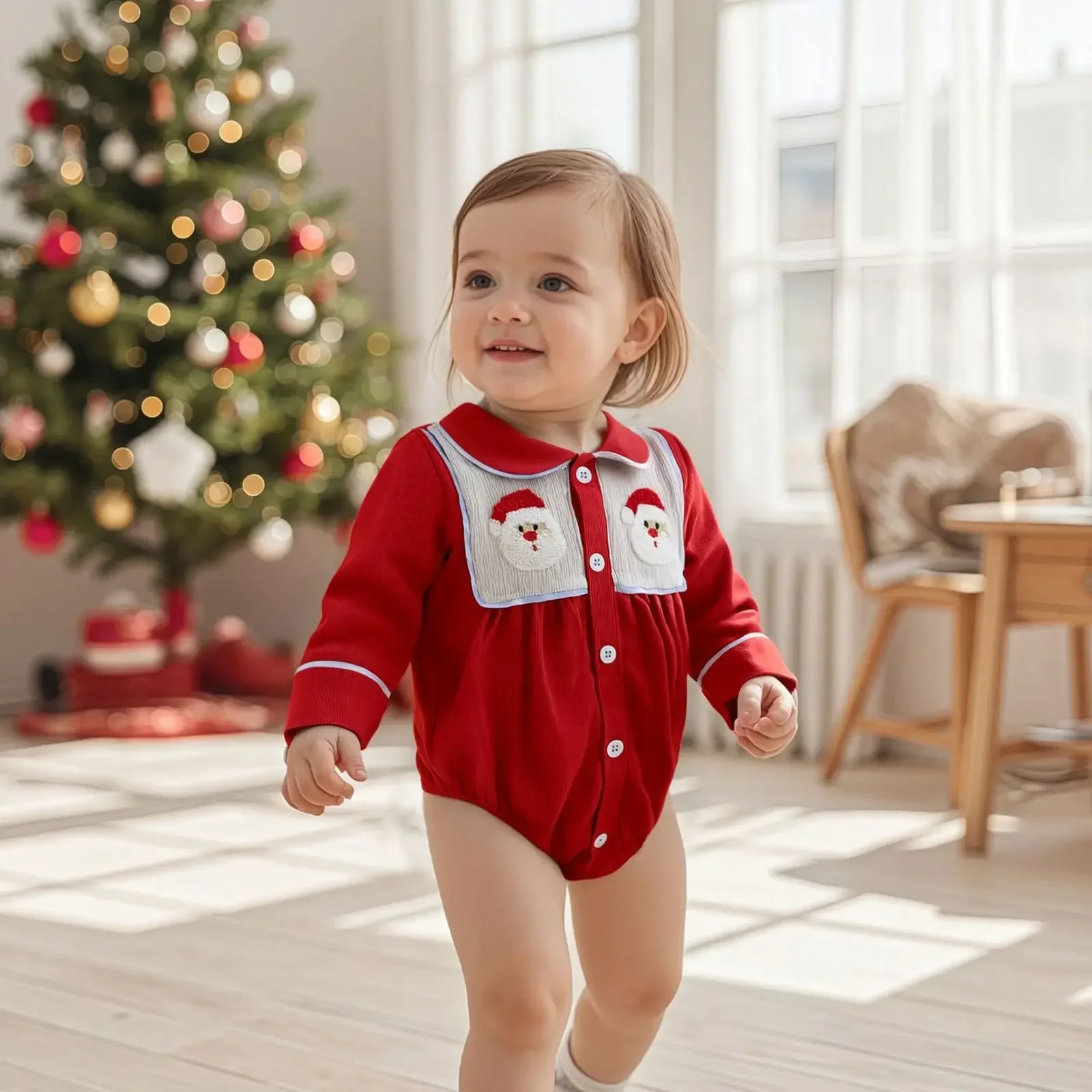 

Christmas 0-18M Newborn Santa Claus Embroidery Bodysuit 2025 Baby Girl Boy Romper Collar Long Sleeve Cotton Xmas Holiday Outfit