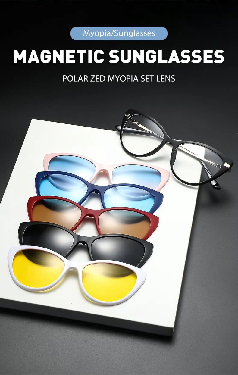 VCKA Katze Auge 5 + 1 Set Myopie Sonnenbrille Frauen Polarisierte Magnetische Gläser TR90 Clip-auf Rezept 1,61 1,67 custom-0.5 ~-10 – Detail 1