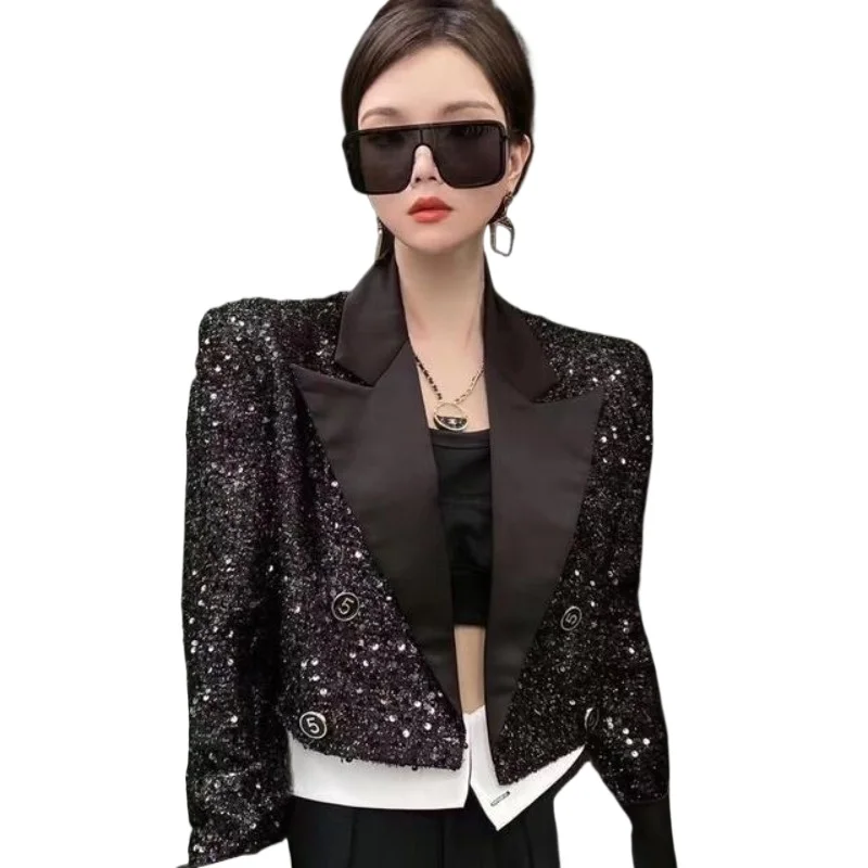 

Women Blazers 2026 Spring Autumn New Short Black Heavy Duty Sequin Suit Double Breasted Short Coat