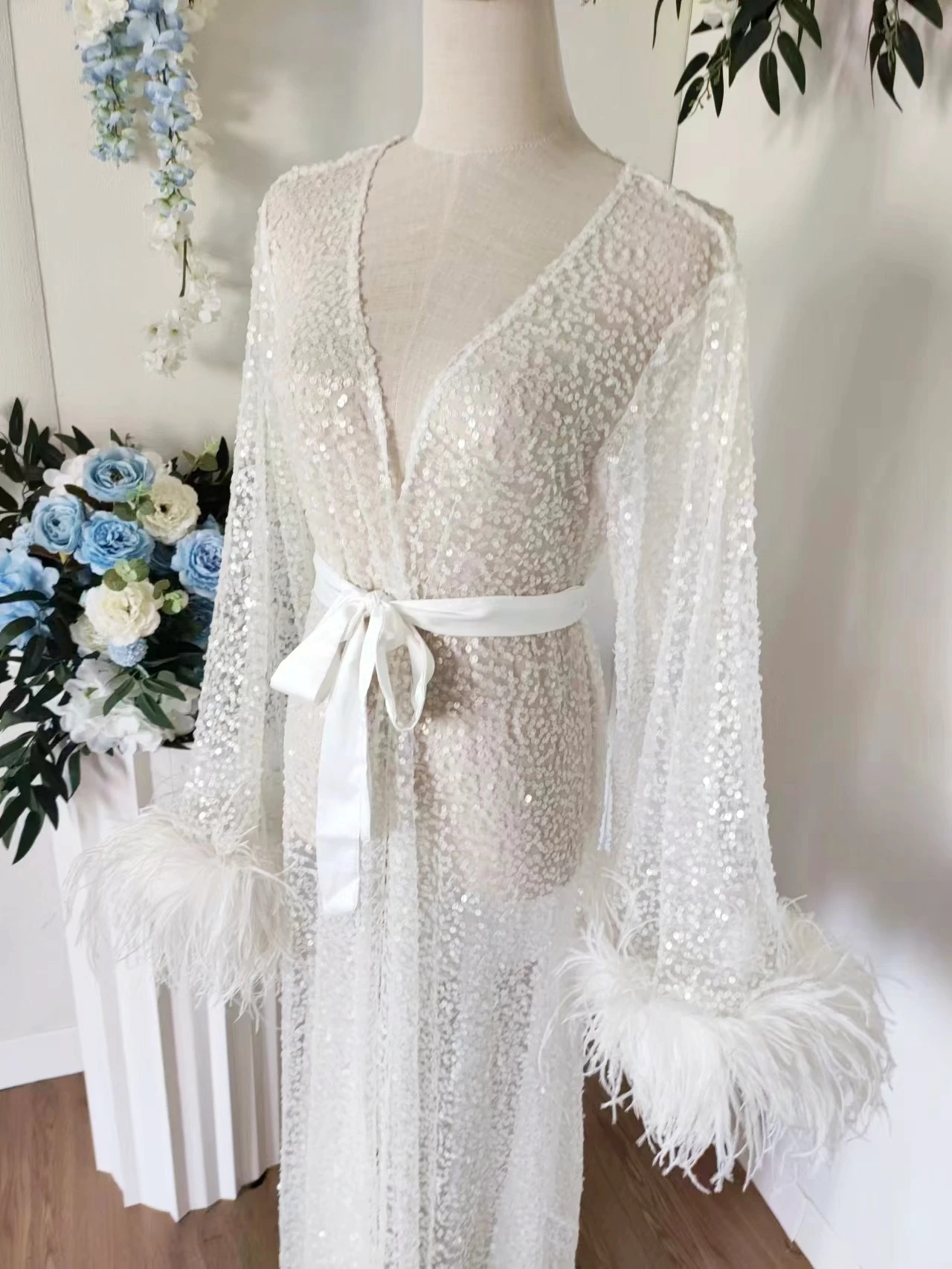 Luxury Rhinestone Feather Sequin Robe Floor Length White Bridal Robe with Max Feather Sleeve Beads Shawl Collar Bridal Wedding