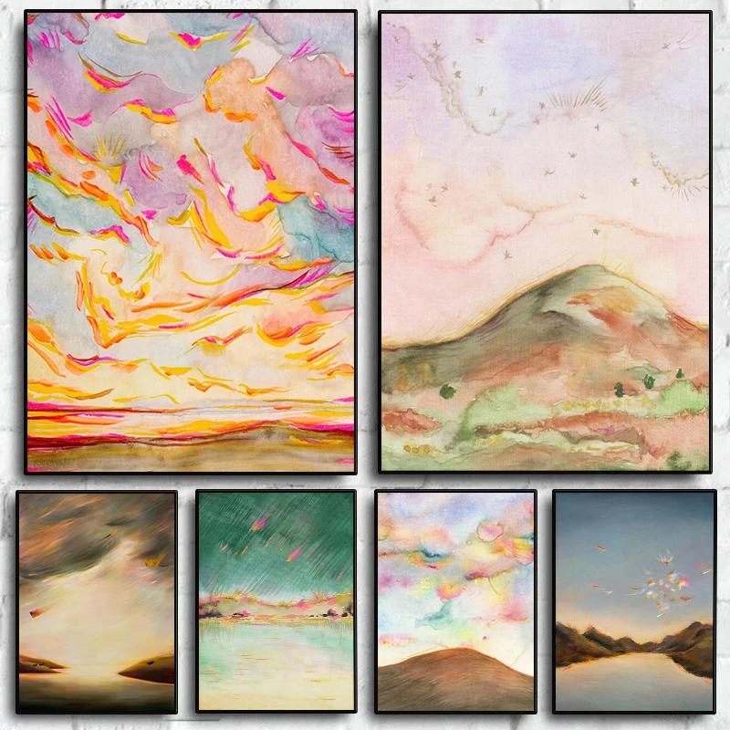 Surreal Horizon Cosmic Landscape Poster Colorful Sky Sunset Mountain Whimsical Canvas Painting Wall Art Living Room Home Deco