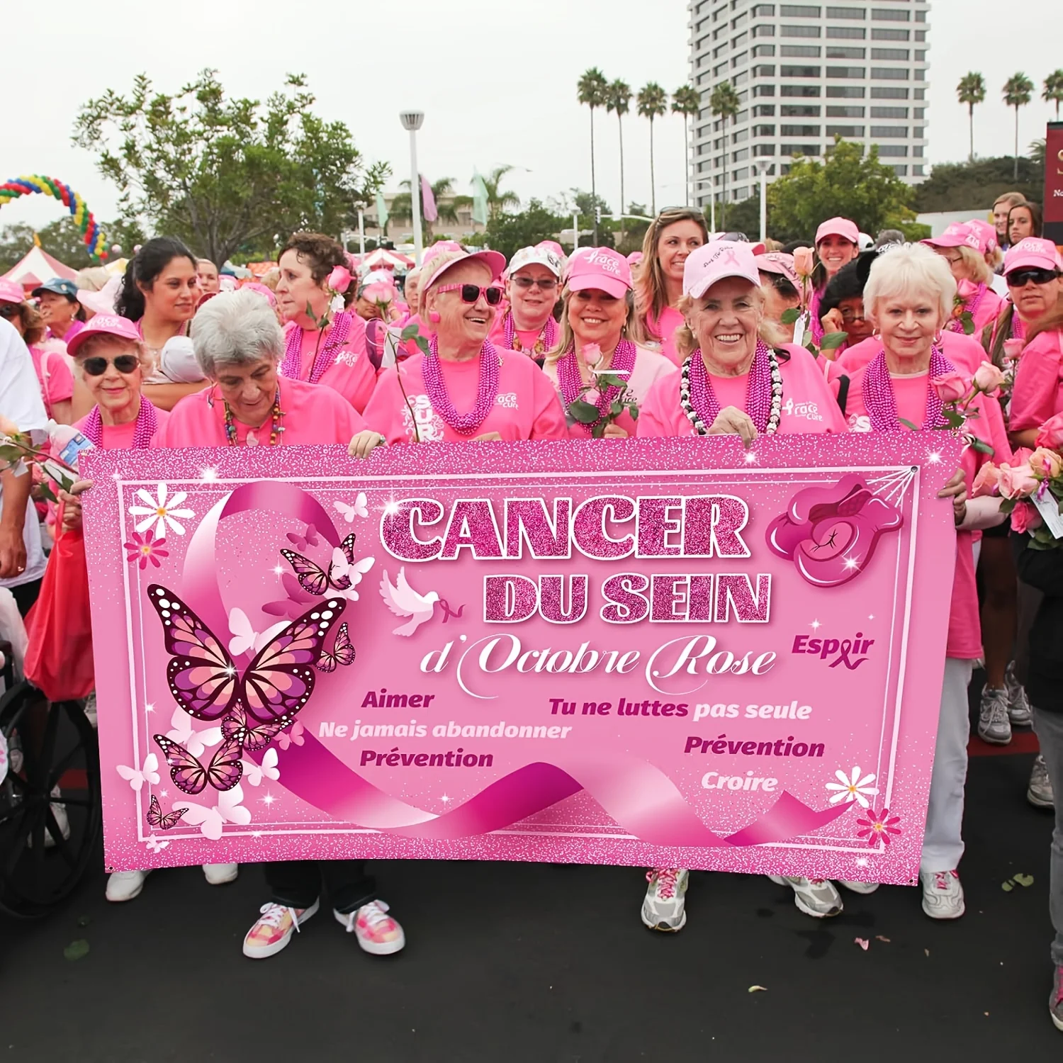 راية حفلة للتوعية بسرطان الثدي خلفية روبان روز زينة الحفلات الحب الأمل الإيمان قوة خلفية السرطان دو سين Aw