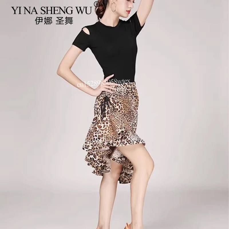 เสือดาวพิมพ์เต้นรําละตินกระโปรงผู้หญิงเซ็กซี่คลาสสิก Latin Dance Tango Salsa ฝึกเครื่องแต่งกายไม่สมมาตร Ruffle กระดูกปลากระโปรง