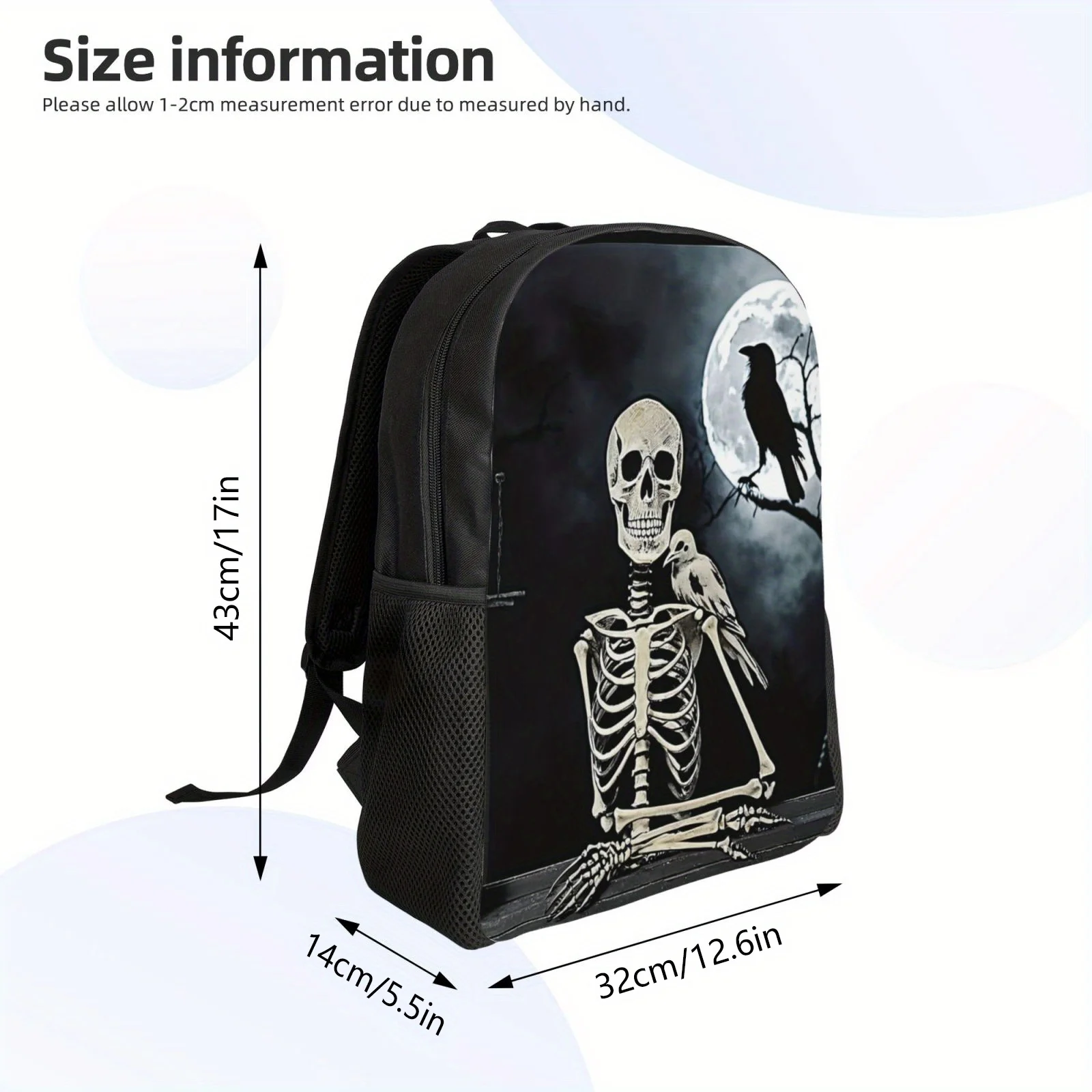 Mochila negra A la moda con estampado de calavera y Cuervo, adecuada para hombres y mujeres, ligera y ajustable