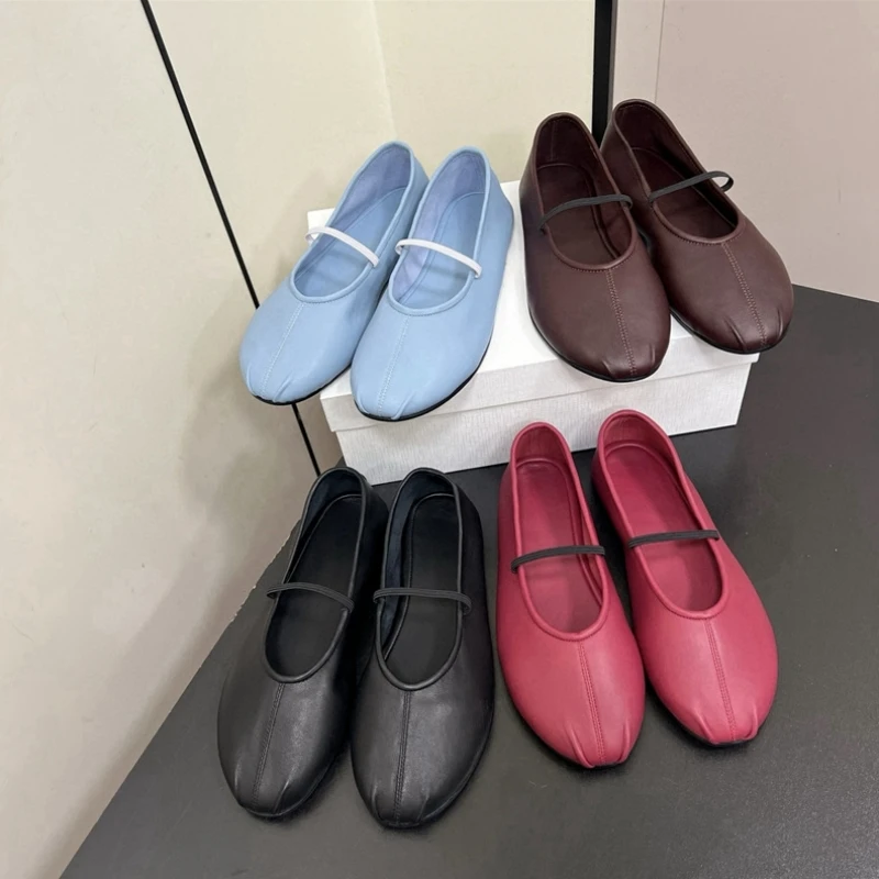 25 year new niche genuine leather round toe retro shallow mouth flat bottom elastic one string dancing shoes grandma shoes