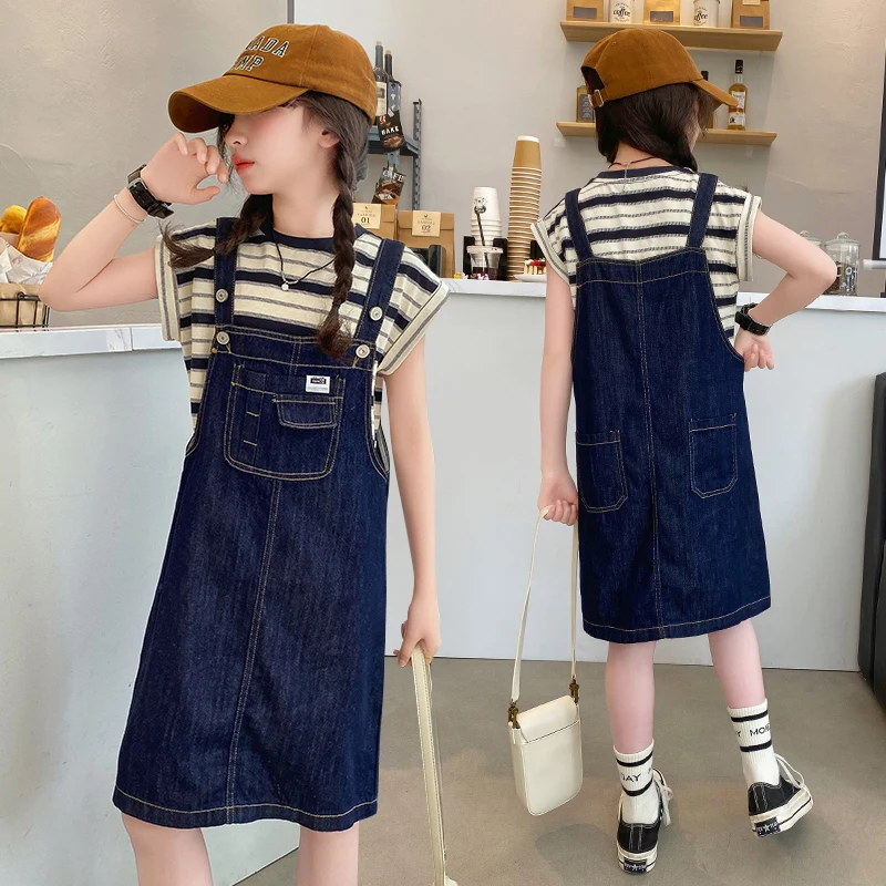 Girls Suit Summer 2026 Casual Denim Overall Dress Knee Length And Striped Short Sleeve T-Shirt Two Piece Set Children's Clothing