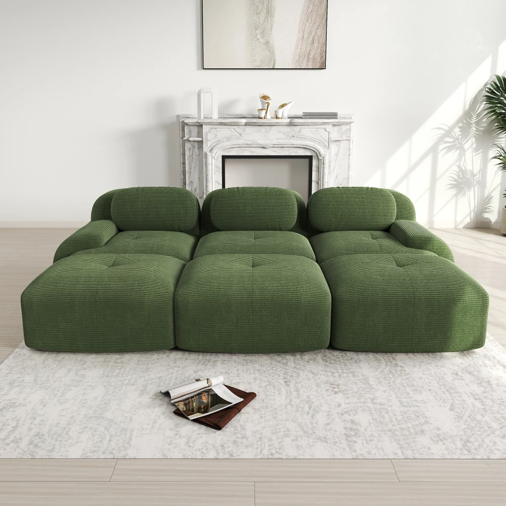 Sofá Moderno con 3 Taburetes de Tela, Reposabrazos Ultra Anchos y Cojín de Alta Elasticidad 32D, Sofá Convertible para Sala de Estar o Cine en Casa
