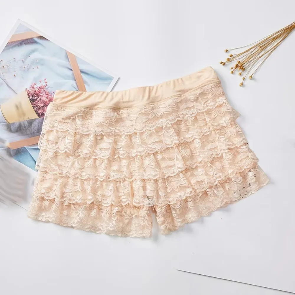 

Casual Ruffle Lace Safety Short Pants Lace-up Anti-Emptied Princess Lolita Safety Shorts Elastic Waist Breathable Layered Shorts