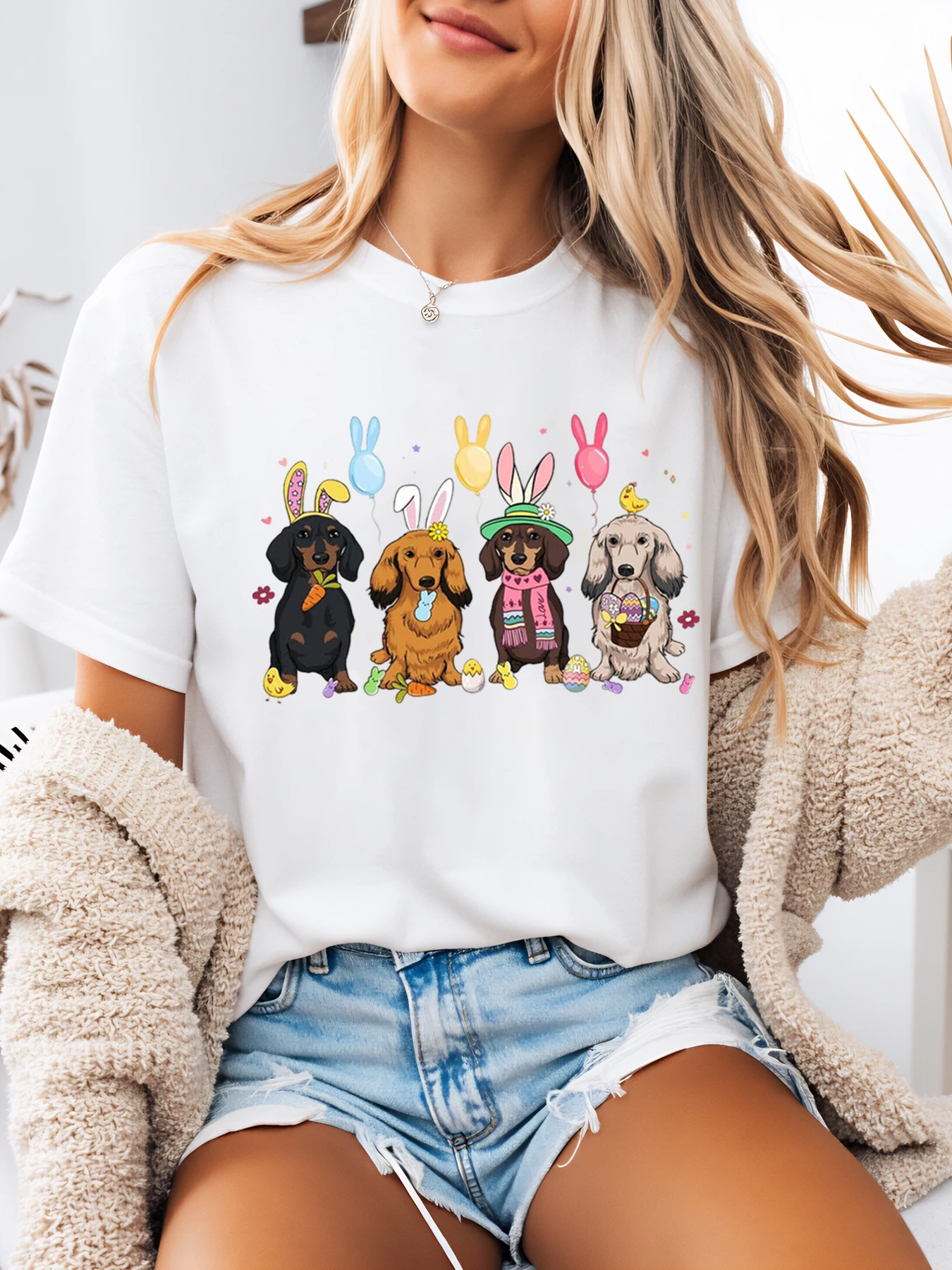 

Easter Bunny Dogs Print t Shirt Easter Women Casual Outfit Spring Festival White Plus-Size