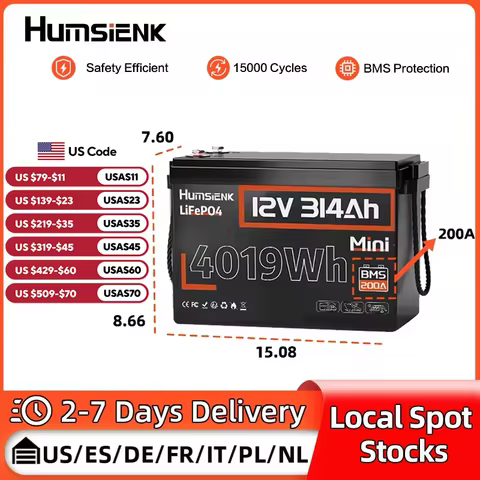 Humsienk 12V 300Ah(314Ah) LiFePO4 Lithium Battery A+ Cells 200A BMS For RV / Yacht / Camper/Off-grid /Home Storage Backup Power