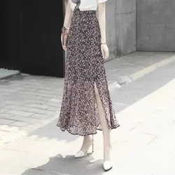 Vintage Printed Long Skirt Women Summer Elegant Floral Mermaid Skirt Female High Waist Slim Fit Split Chiffon Skirts