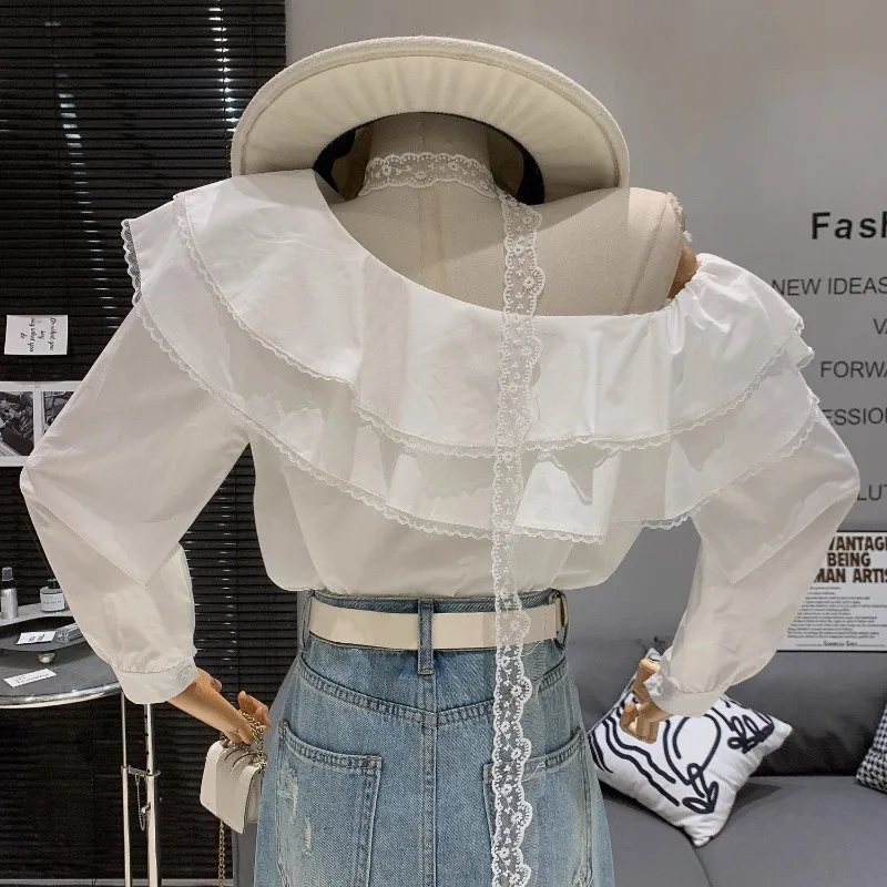 

Korean Temperament Gentle Ruffle Design Versatile Western Style Lace Ribbon Off-shoulder Shirt Versatile Top for Women