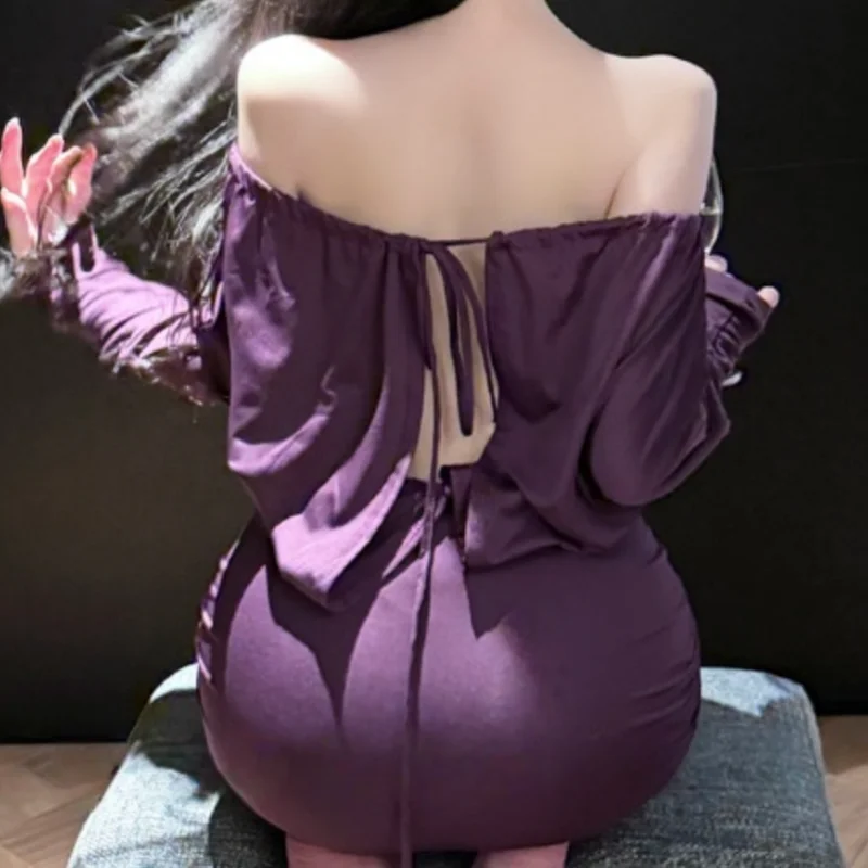 New Tight-fitting Temptation Lace Up Tie Up Lingerie One Shoulder Backless Hip Hugging Skirt Strapless Long Sleeves Slim Fit Set view 5