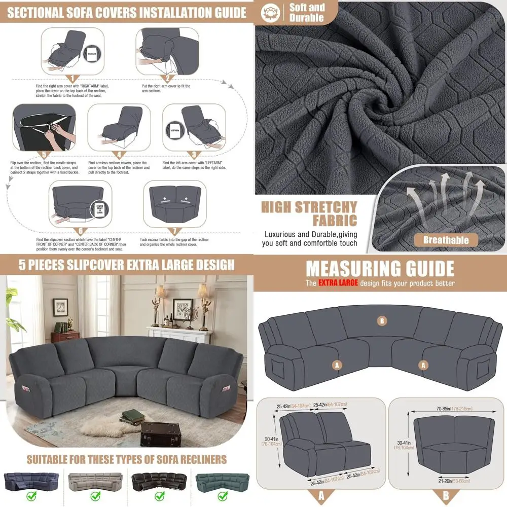 Large Washable 5-Piece Reclining Sectional Sofa Covers, Thick Slipcovers for L-Shape Sofa Seater, Charcoal Gray