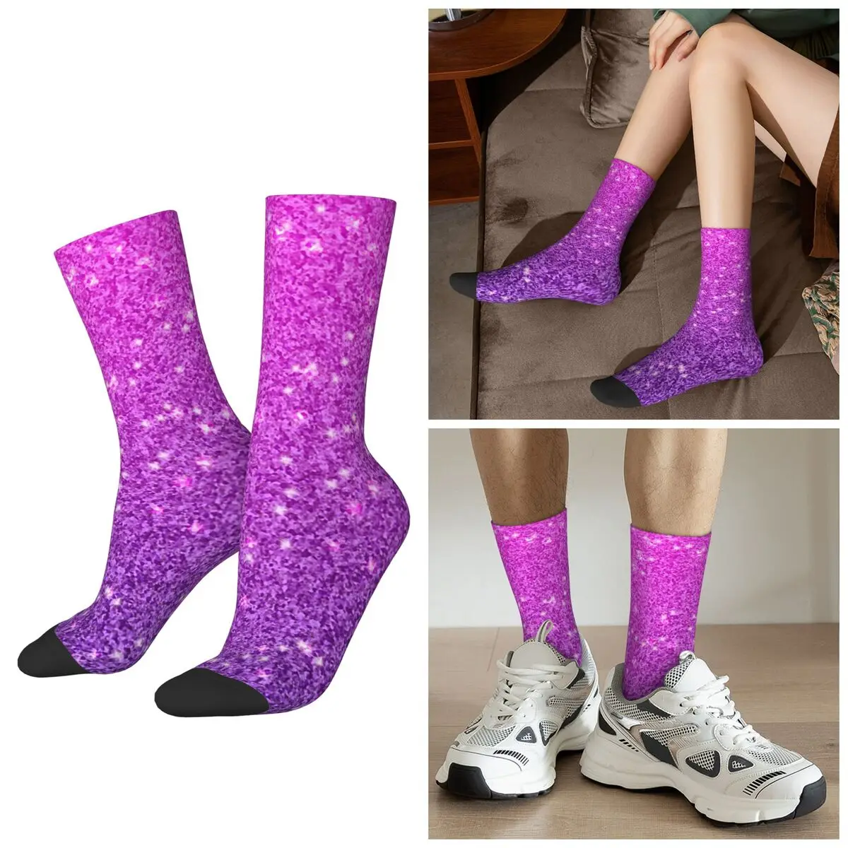 All Seasons Gradient Purple Glitter Pattern Socks Harajuku Crew Socks Casual Stockings for Men Women Valentine's Day Gifts