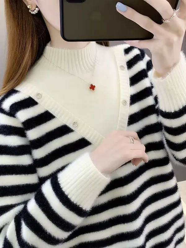 

Autumn Winter Women's Knitted f High Collar Sweater Faux Mink Velvet Striped Design Warm Base Layer Top Faionable Commut...