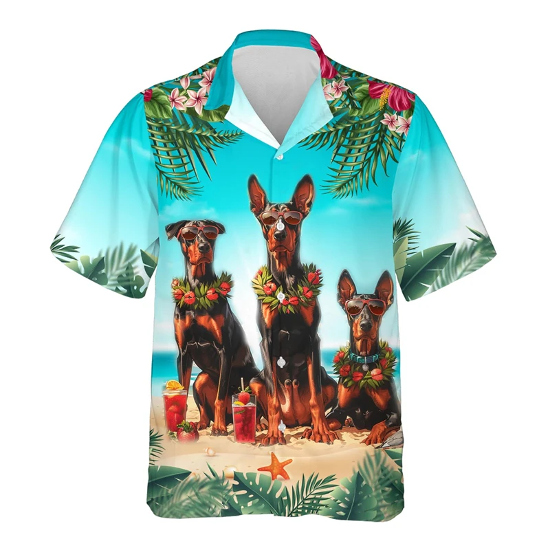 Cute Pet Dog Graphic Beach Shirt Doberman Corgi Schnauzer Shirts For Men Clothes Tropical Hawaiian Button Clothing Unisex Tops