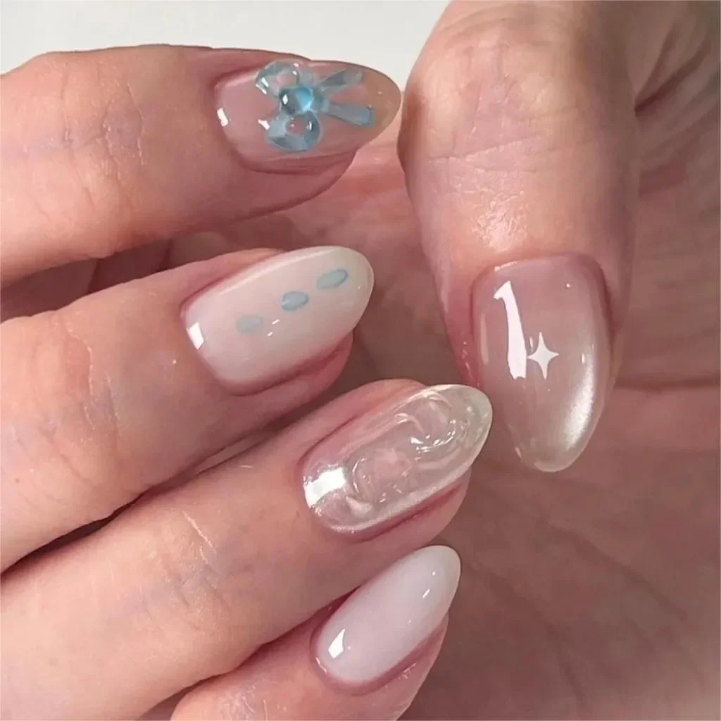 10 pcs Blue Bow Icy Transparent Glass Beads Handmade Wear Nails Clear Cat Eyes Simple Short Oval Manicure Cute Sexy Fake Nails