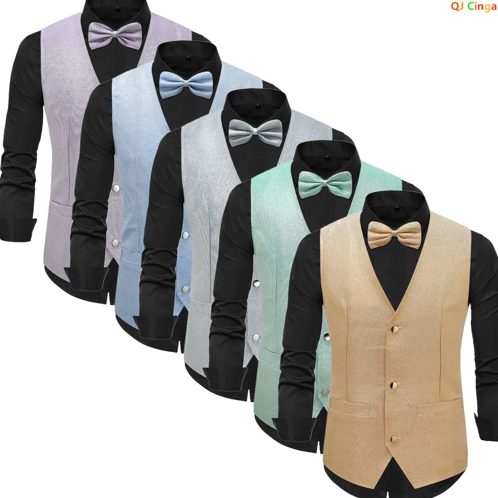 

Мужской весенний жилет без рукавов, однобортный, с V-образным вырезом, глянцевый. Доступен в синем, золотом, серебряном, зеленом, фиолетовом цветах. Новинка 2026 года